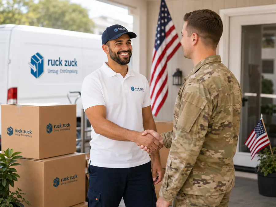 English-speaking moving crew helping a US military family load a truck