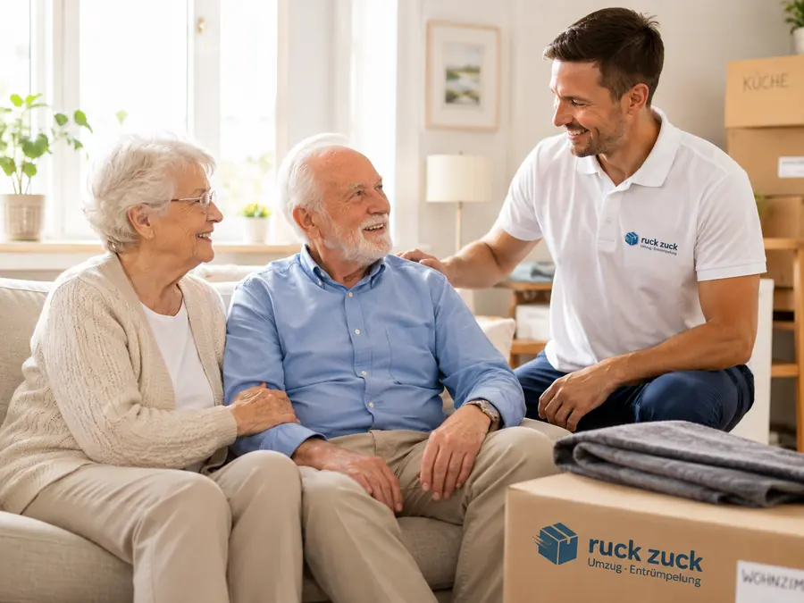 Älteres Paar auf dem Sofa, Ruck-Zuck-Helfer kümmert sich ruhig um den Umzug