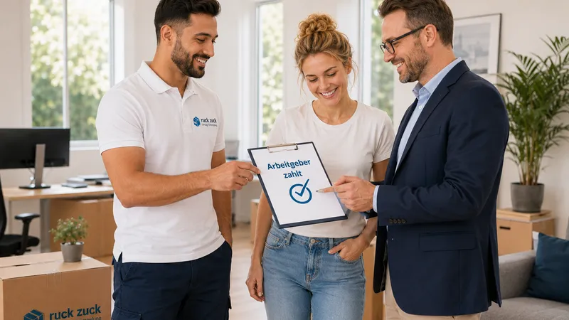 Umzugshelfer übergibt Kundin und Vorgesetztem das Angebot zur Freigabe durch den Arbeitgeber