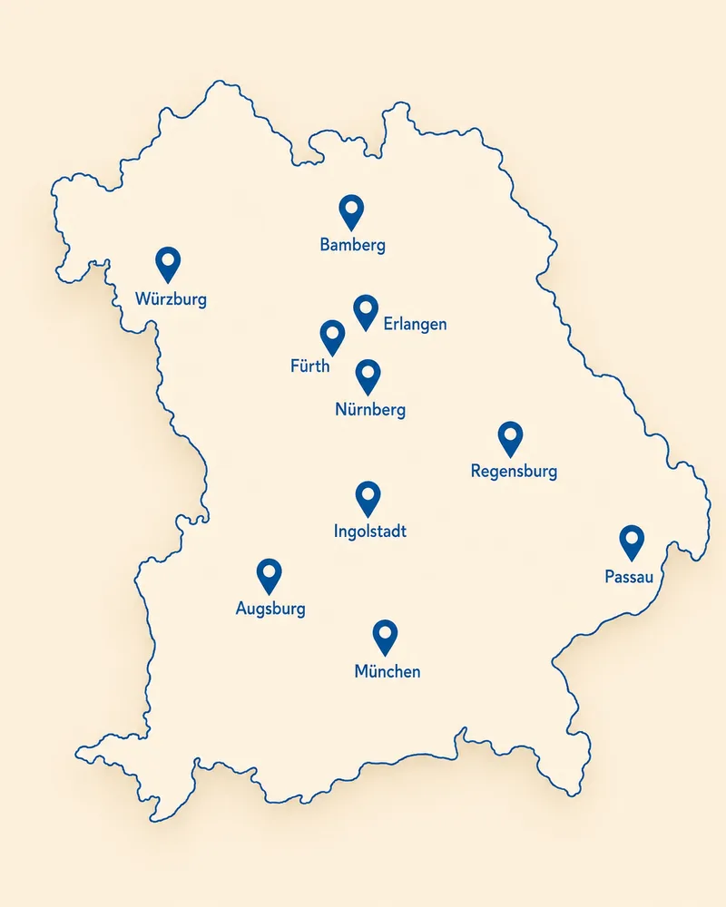 Karte von Bayern mit unseren Einsatzgebieten
